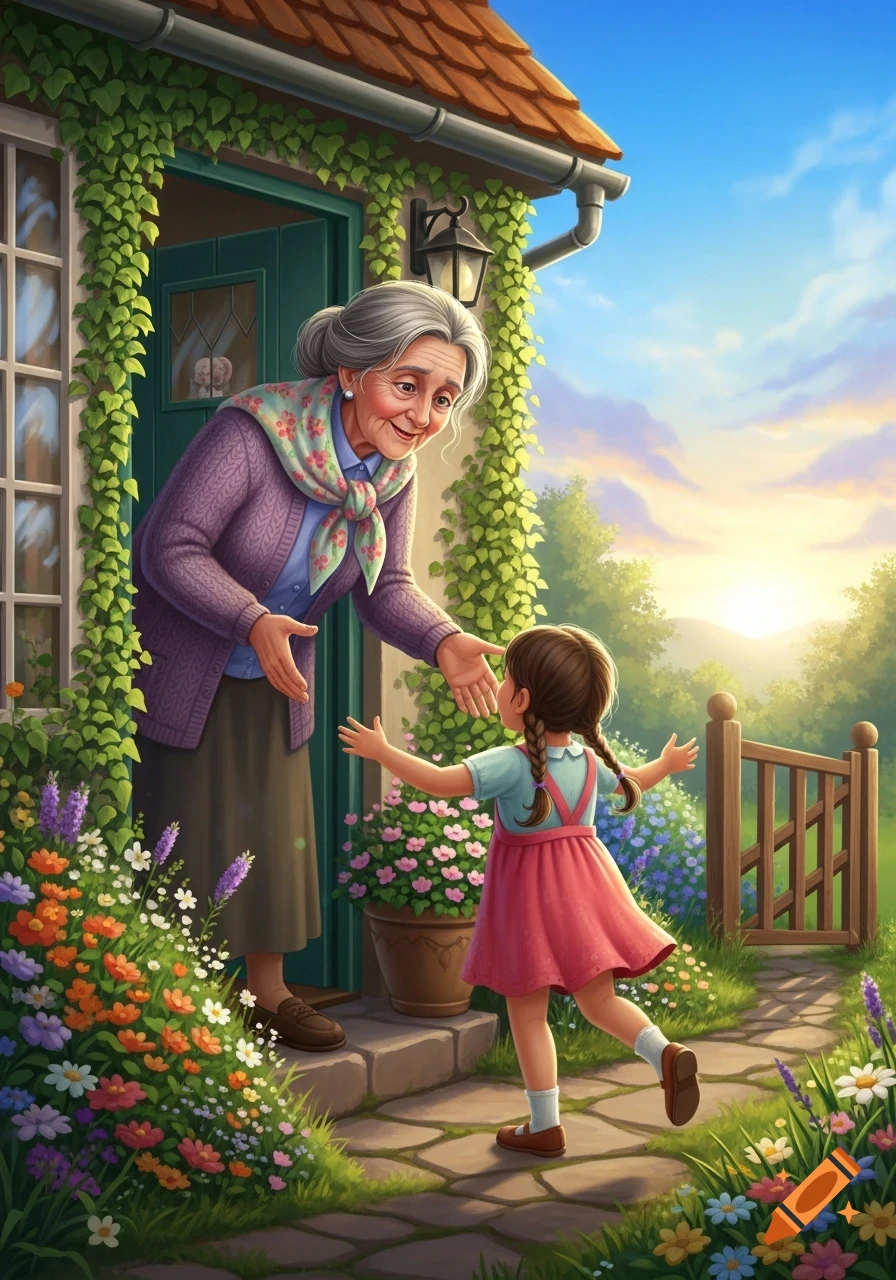 An old woman with gray hair smiles, greeting a young girl with pigtails outside a vine-covered cottage in a colorful flower garden.