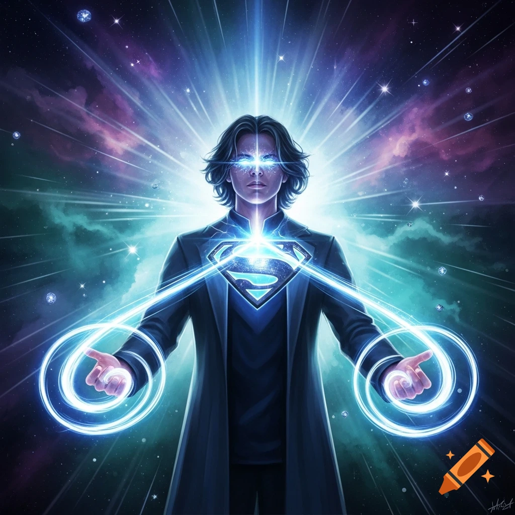 A powerful individual with glowing blue eyes and outstretched hands, wearing a dark coat with a bright 'S' symbol on the chest, stands against a cosmic background with radiating light.