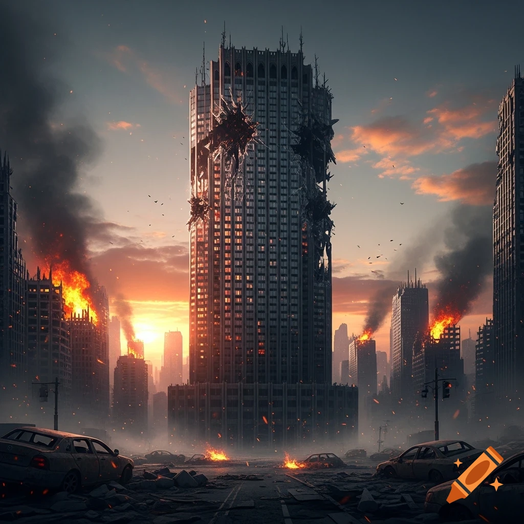 A photorealistic image of a devastated city with a central damaged skyscraper, surrounded by burning buildings, smoke, and destroyed cars at sunset.