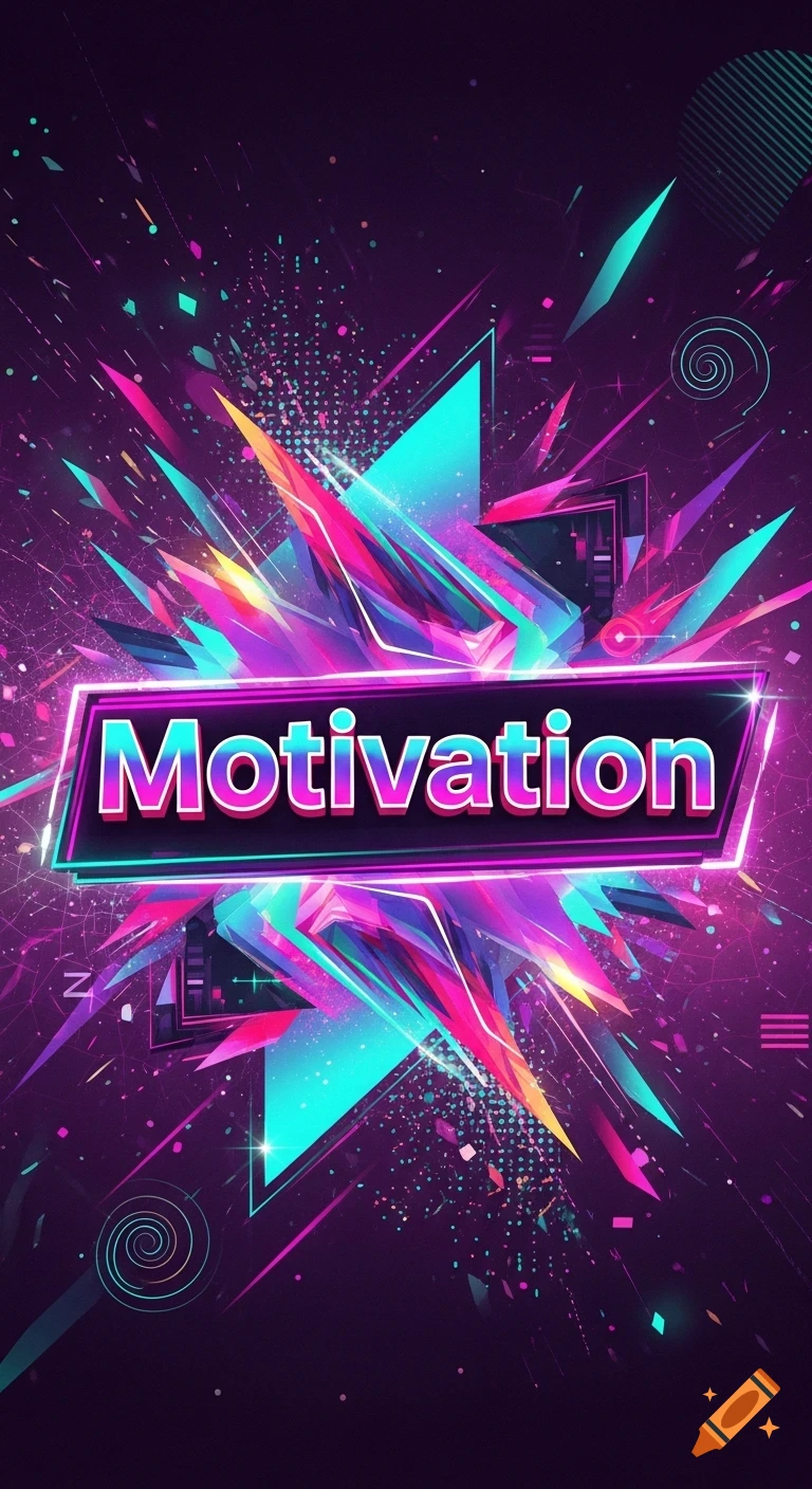 The word 'Motivation' in colorful neon letters, surrounded by an explosion of vibrant, glowing abstract geometric shapes on a dark background.