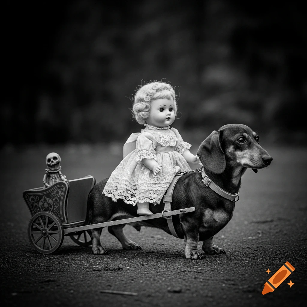 Black and white photo of a doll riding a dachshund, which pulls a small chariot with a skeleton figure in it.