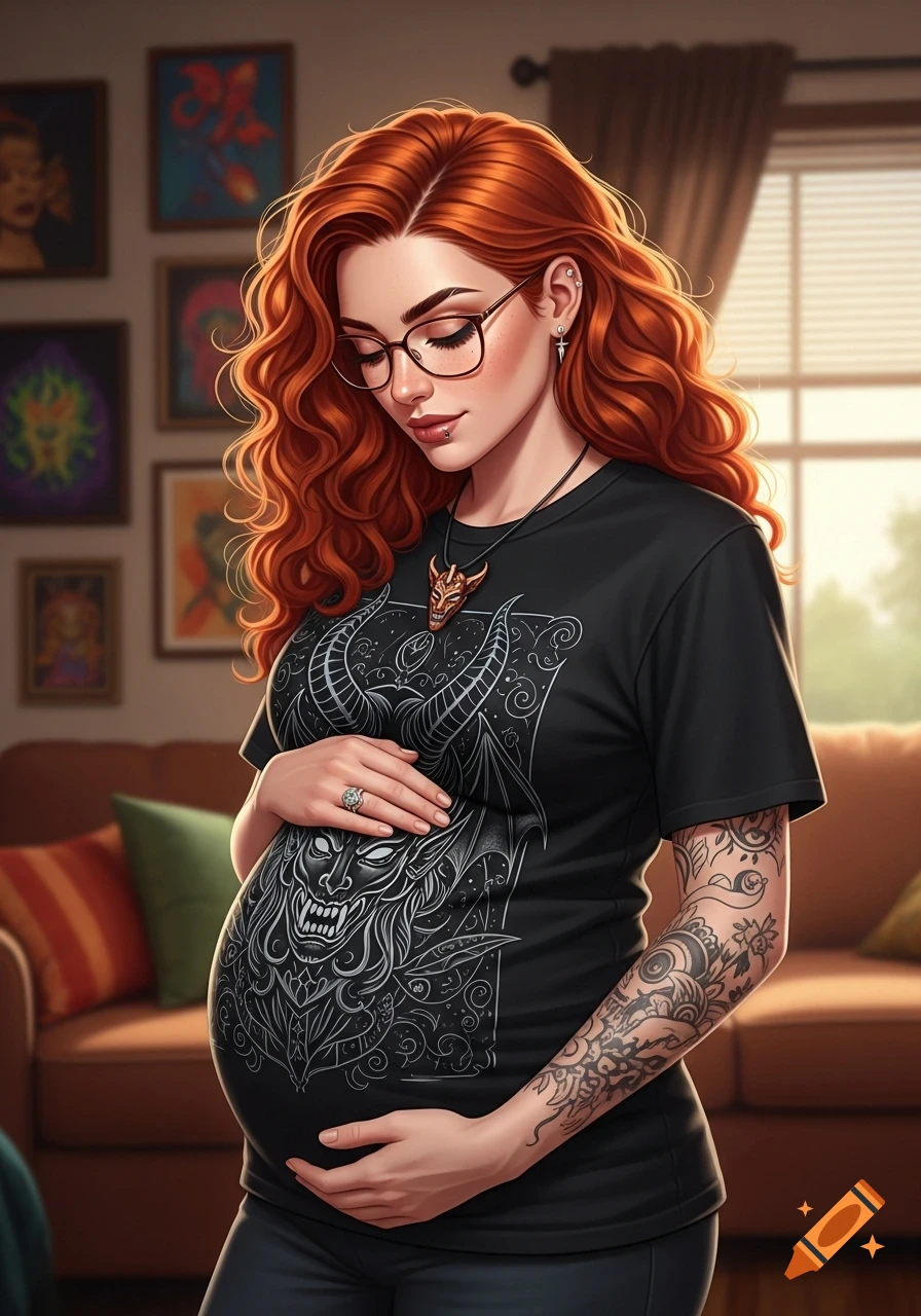 An illustrated pregnant woman with red hair, glasses, and tattoos, wearing a demon t-shirt and necklace, gently holding her baby bump at home.