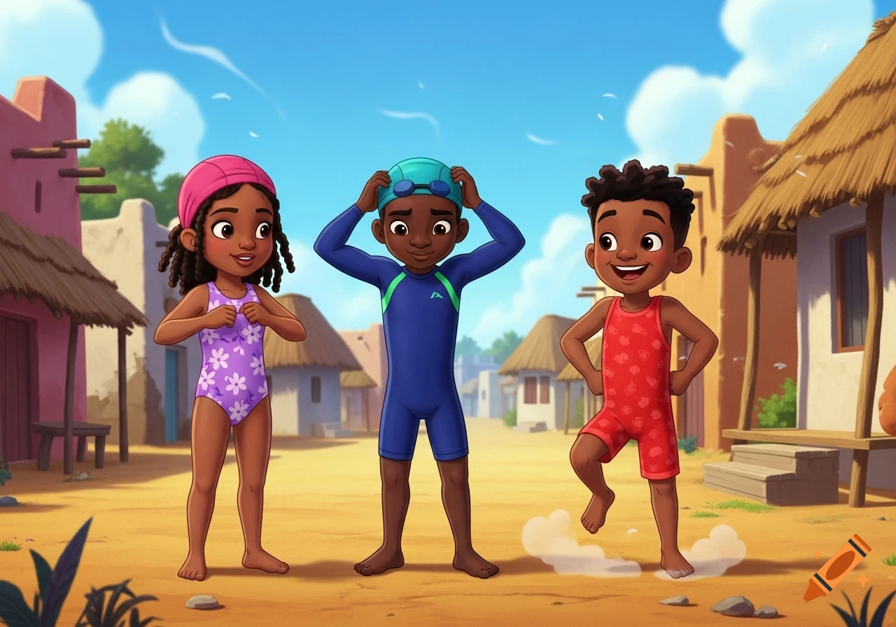 Cartoon of three happy Black children in swimsuits in a sunny village: a girl in purple, a boy in blue, and a boy in red.