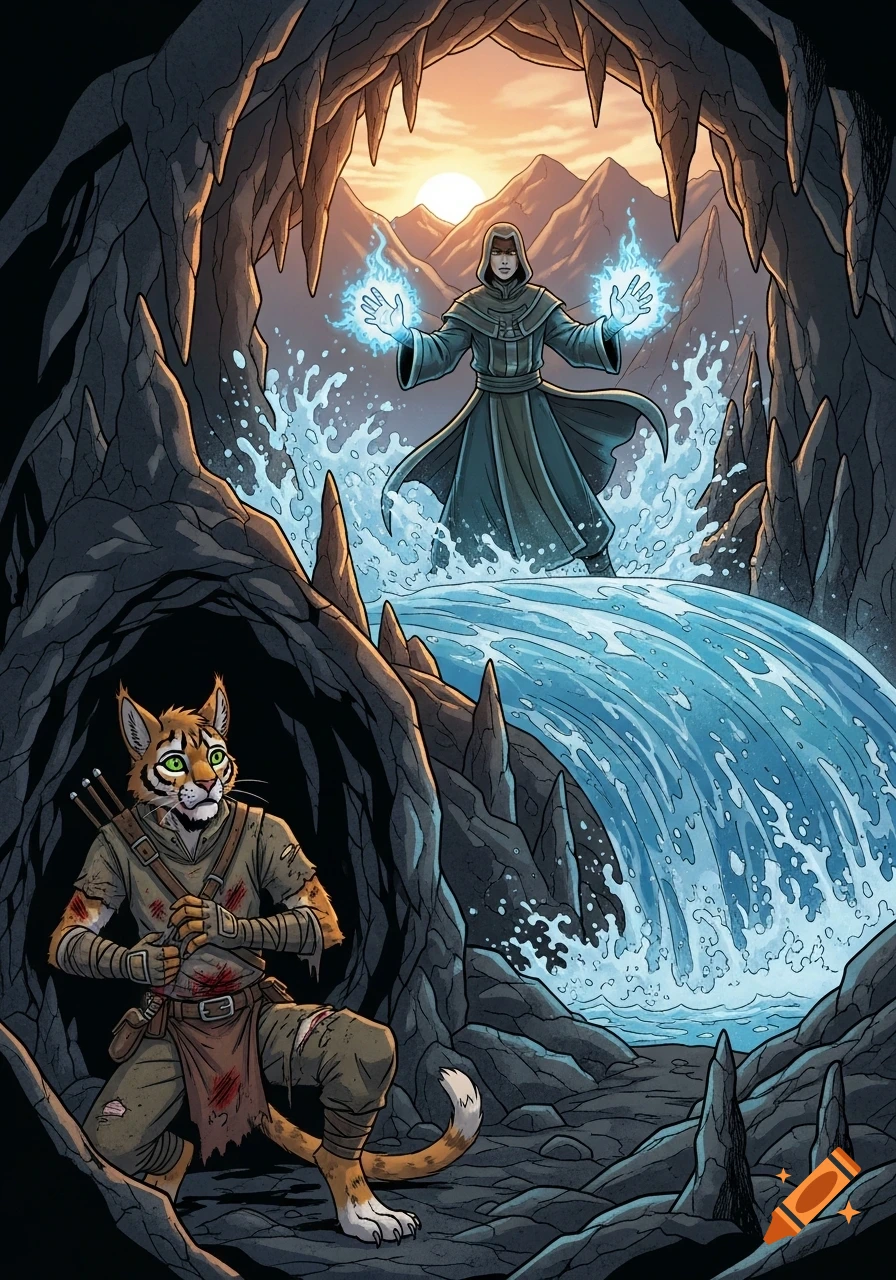 Comic book illustration of a wounded tabaxi hiding in a cave as a cleric outside magically floods it with water, mountains at sunset.