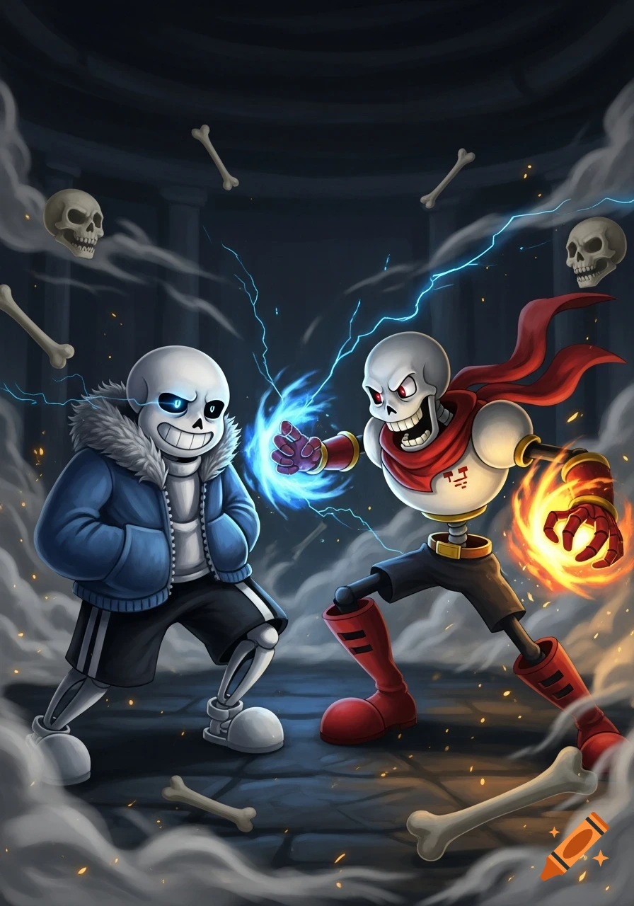 Sans and Papyrus, skeleton characters from Undertale, fighting with magical powers amidst smoke and bones in a dark setting.
