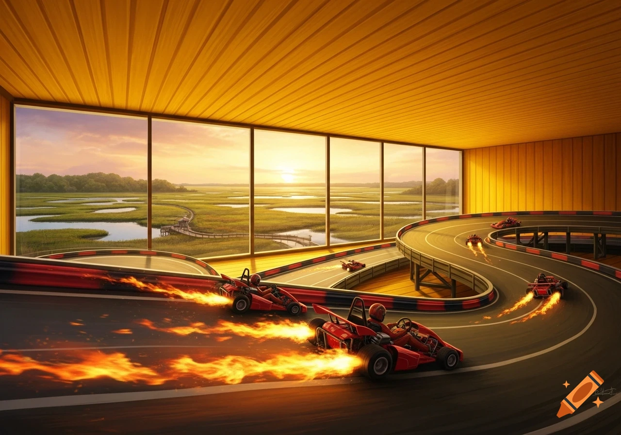 Red go-karts with fiery exhausts race on an indoor track with large windows overlooking a marsh at sunset, in a bright orange room.
