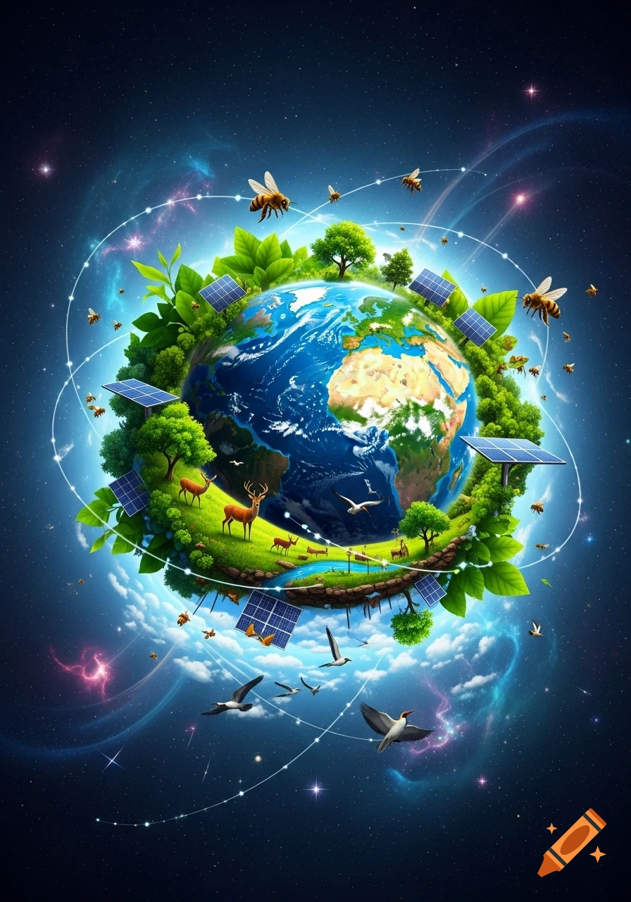 A vibrant Earth teeming with green nature, wildlife, bees, and solar panels, set against a cosmic background.