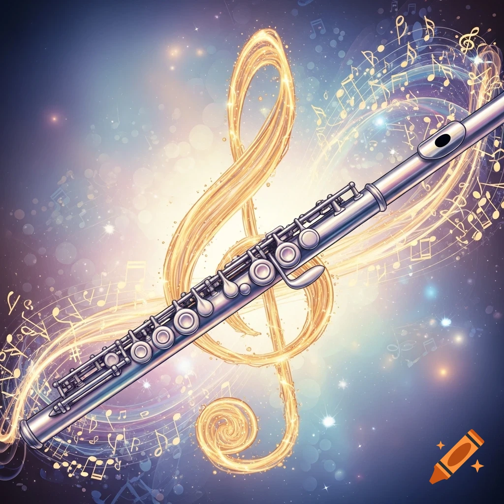 A silver flute rests diagonally over a glowing golden treble clef, surrounded by shimmering musical notes and sparkling light on a gradient purple and blue background.