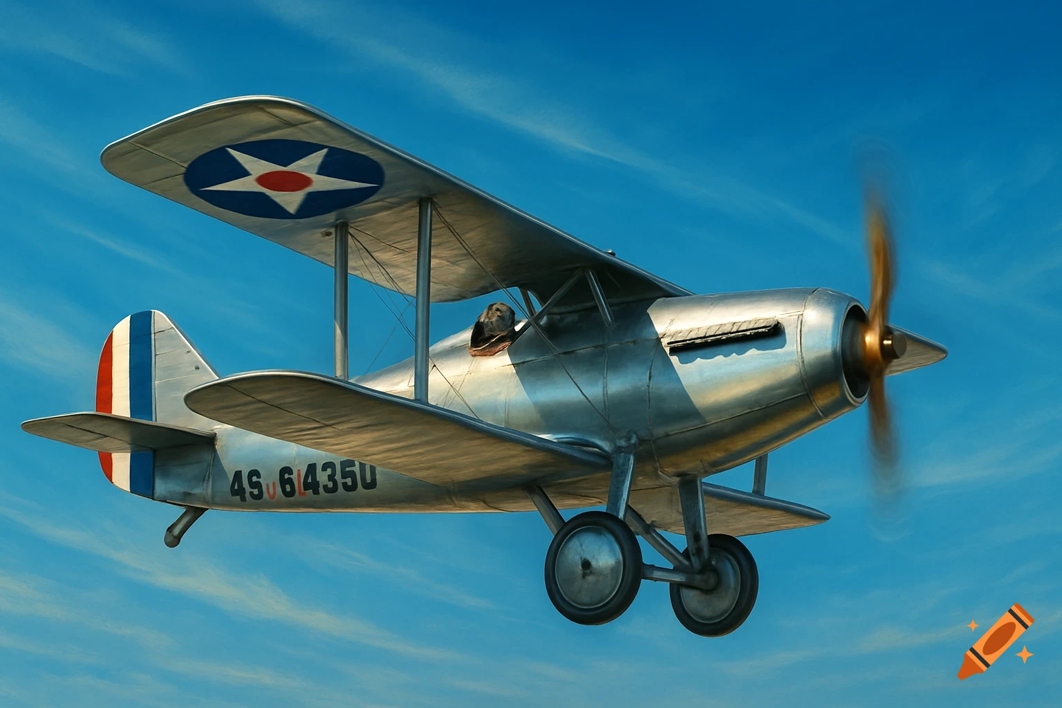A silver biplane with a spinning propeller, blue and white star insignia, and a pilot in the cockpit flies in a clear blue sky.
