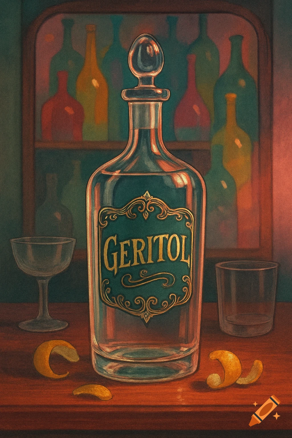 A clear bottle labeled 'GERITOL' stands between two empty glasses and orange peels on a wooden table, with blurred bottles in the background, in a painting style.