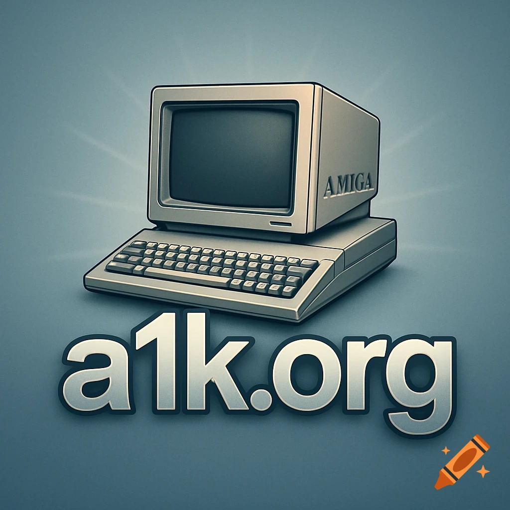 A retro Commodore Amiga computer with a grey monitor and keyboard, sitting above the white text 'a1k.org' on a blue background.