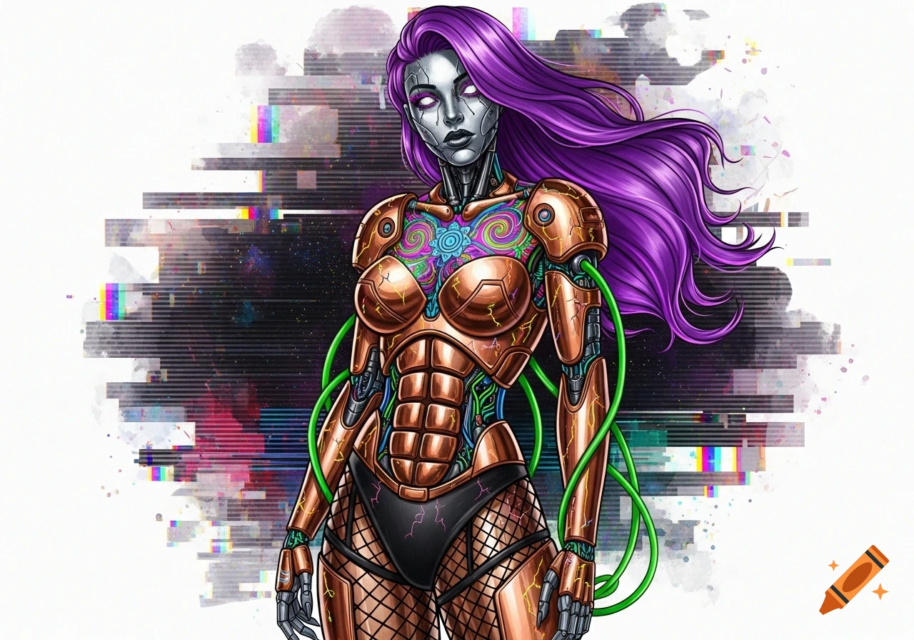 A futuristic android woman with copper armor, purple hair, green wires, colorful tattoos, and fishnet leggings against a glitch art background.