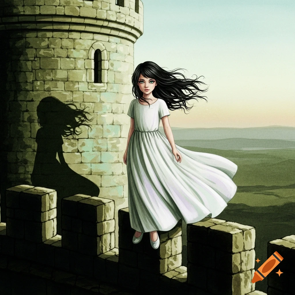A girl with long black hair and a white dress stands on a castle wall, wind blowing, in a watercolor style.