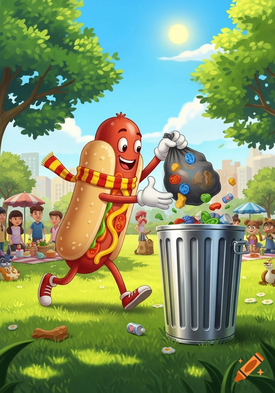A cheerful cartoon hotdog throws trash into a garbage can in a sunny park with picnicking people, in a vibrant illustration style.