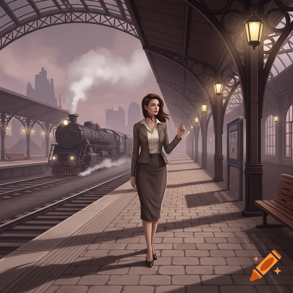 A digitally painted scene of a woman in a suit walking on a train station platform, with a steaming locomotive in the background.