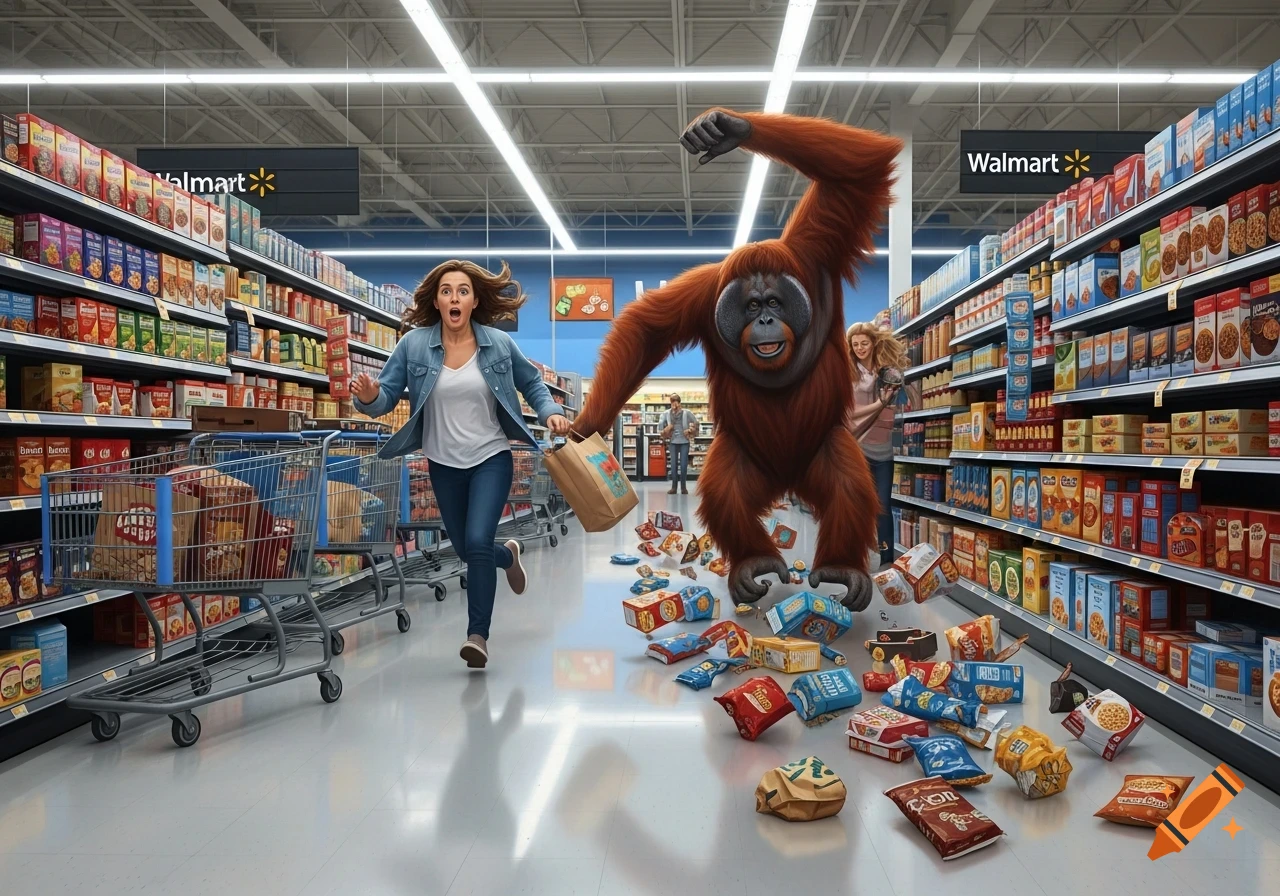 A woman runs in a grocery store aisle while a large orangutan smashes products to the floor behind her. Photorealistic style.