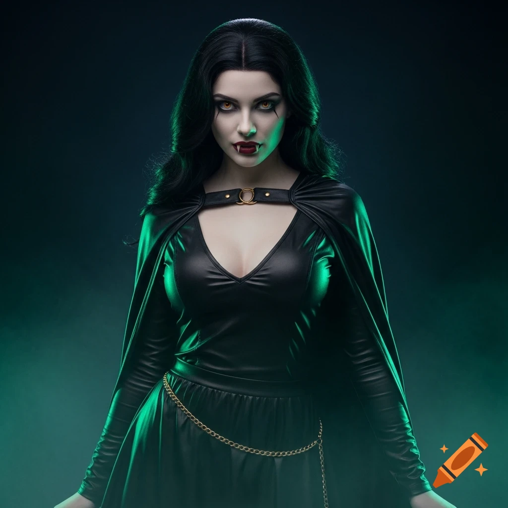 A photorealistic portrait of a female vampire with dark hair, glowing eyes, and fangs, wearing a black leather dress and cape, with a golden chain on her hips, against a green-blue smoky background.