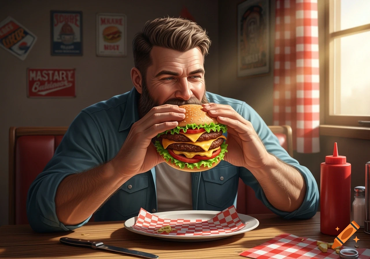A bearded man in a blue shirt happily takes a bite of a large double cheeseburger with lettuce and tomatoes in a diner.