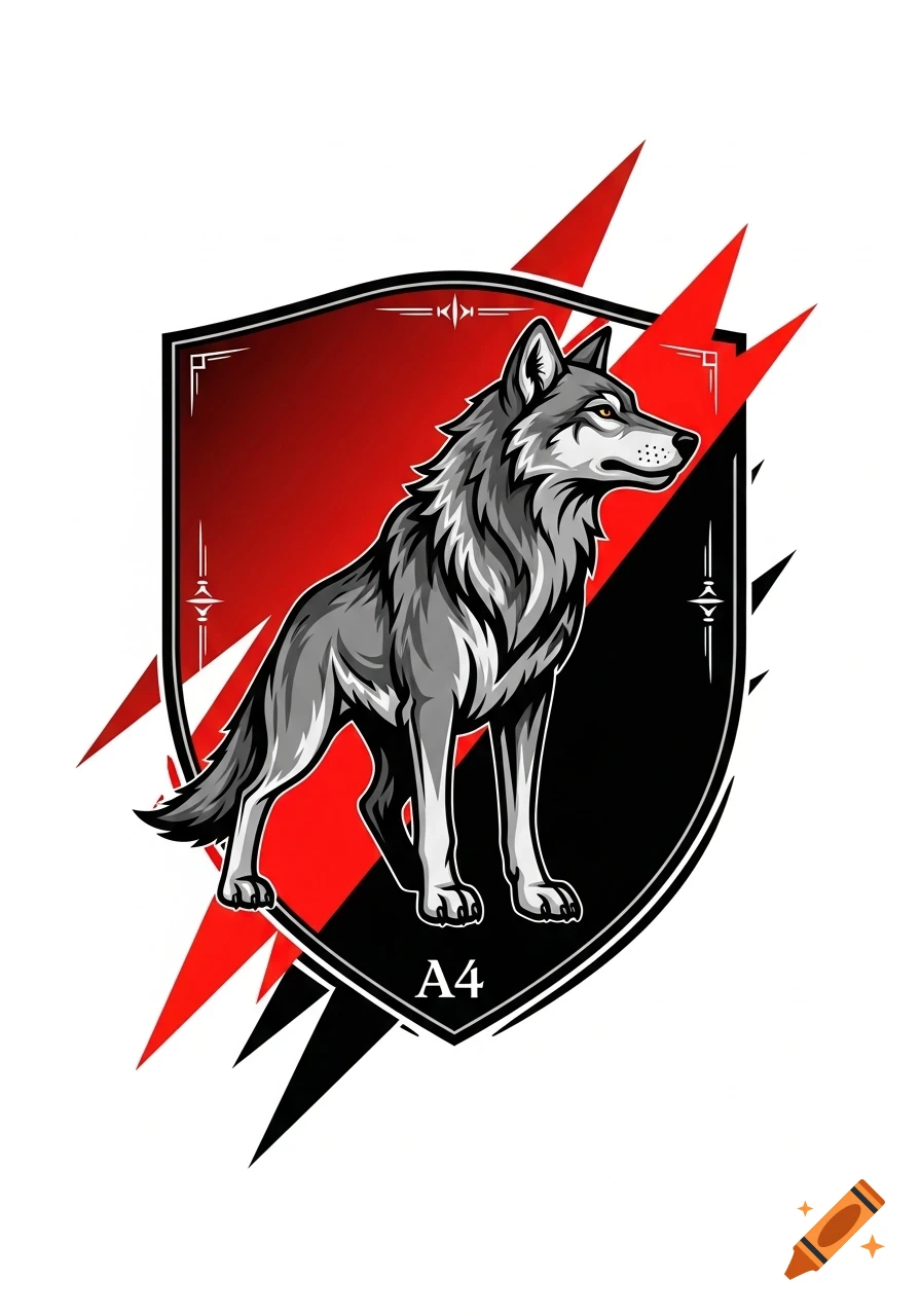 Vector art illustration of a gray wolf standing within a black and red shield emblem, with text A4 below the wolf.
