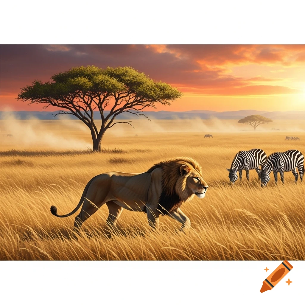 A majestic lion walks through golden savanna grass with two zebras grazing nearby, under a vibrant sunset sky.