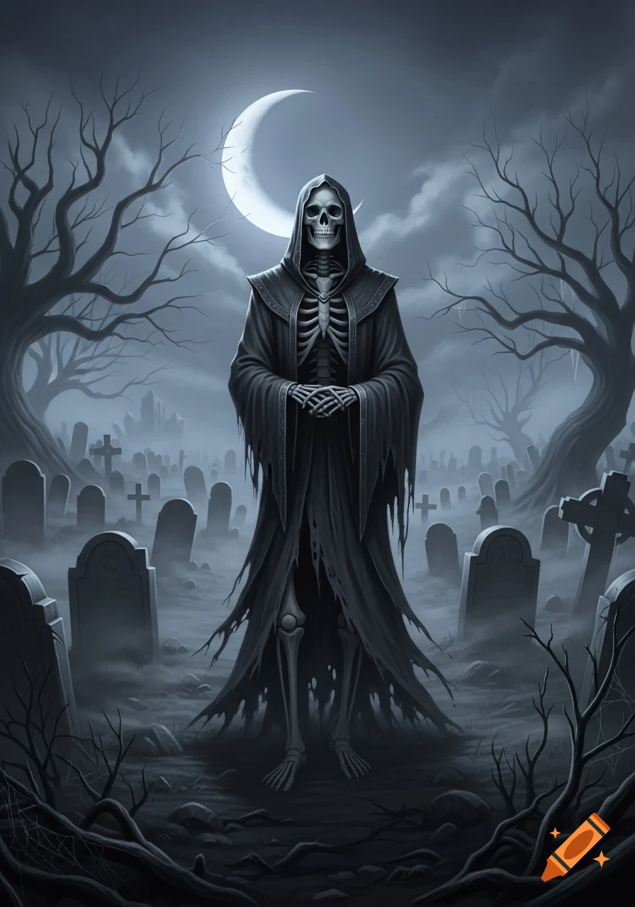 A skeletal Grim Reaper in a tattered black robe stands in a foggy graveyard under a crescent moon, surrounded by bare trees.