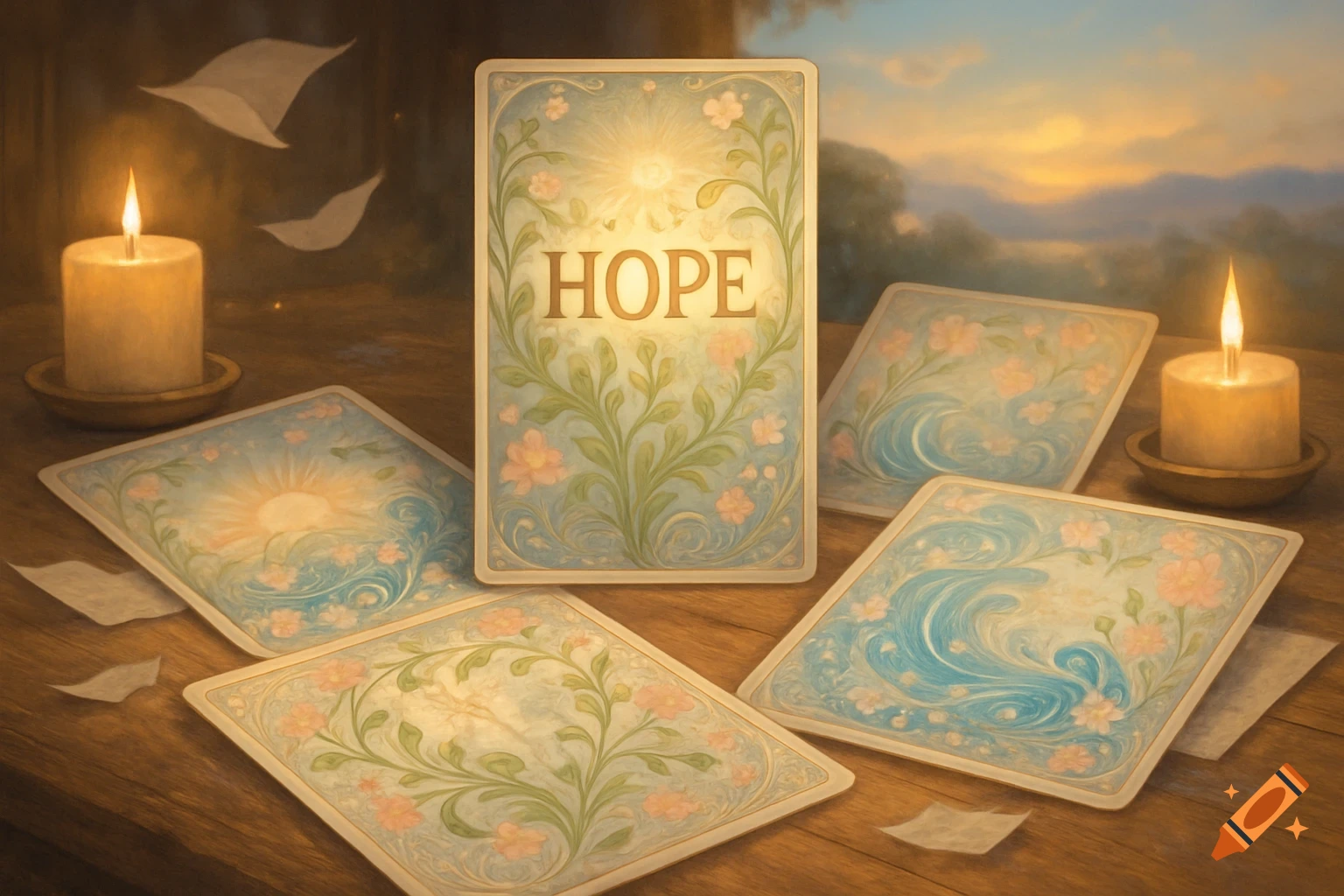 A central 'HOPE' card stands on a wooden table, surrounded by four floral cards and two lit candles, with a sunset background.