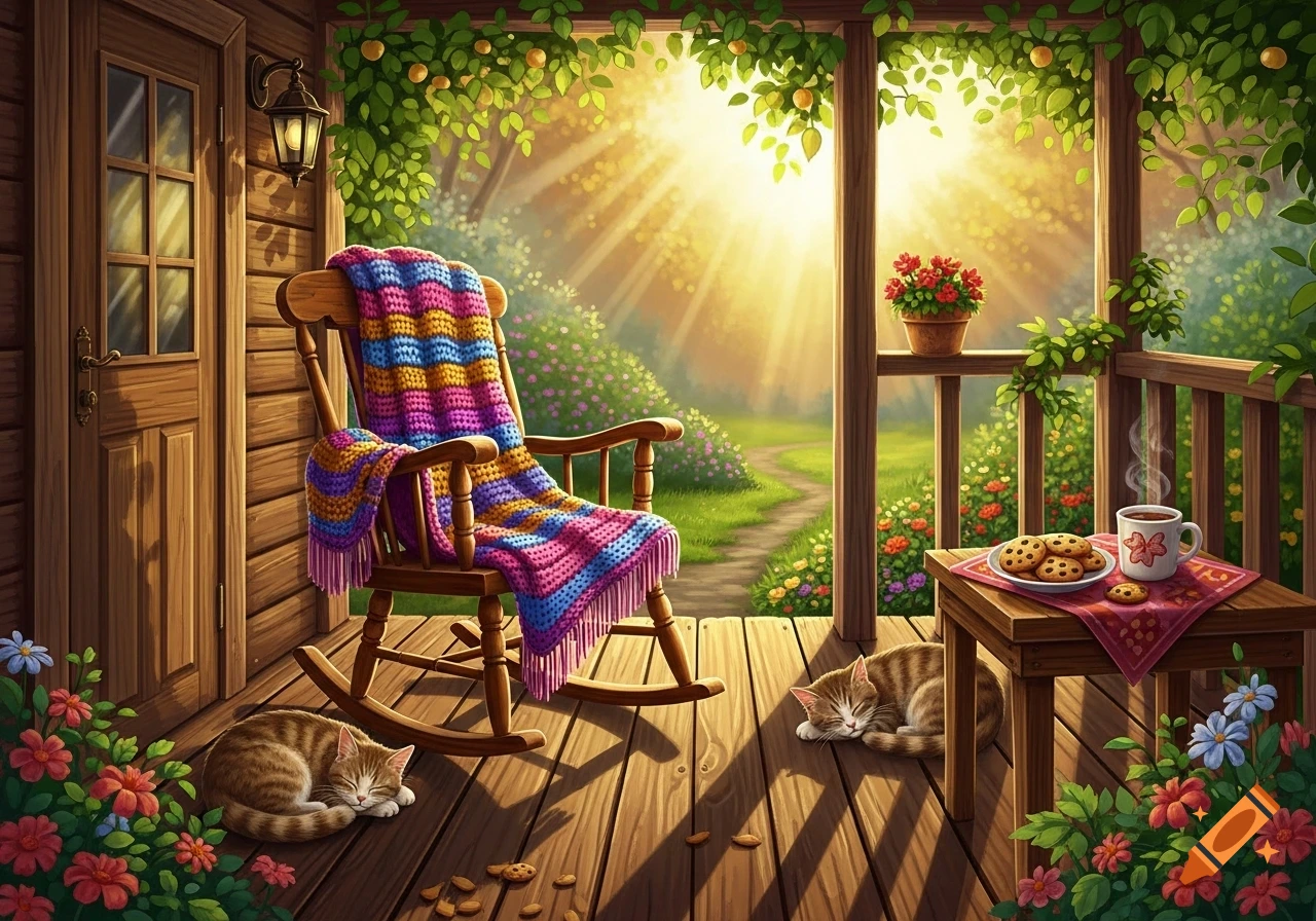 A cozy digital art scene of a cottage porch with a rocking chair, colorful blanket, steaming mug, cookies, and two sleeping tabby cats amidst a sunny garden.