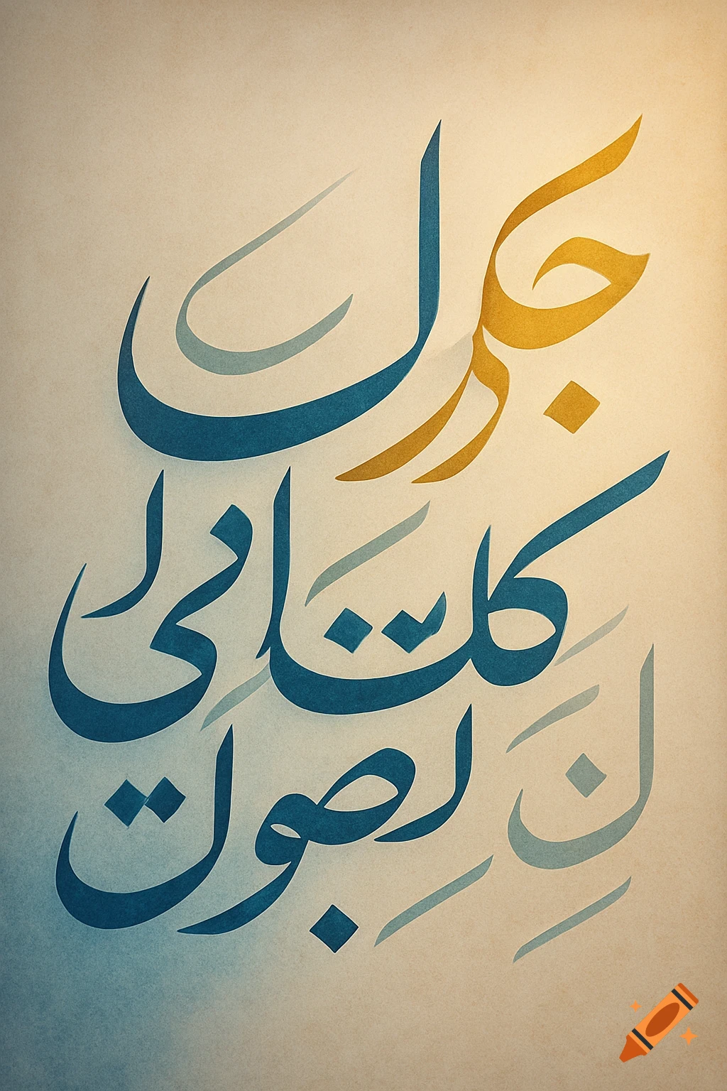 Stylized blue and gold Arabic calligraphy on a textured parchment-like background.