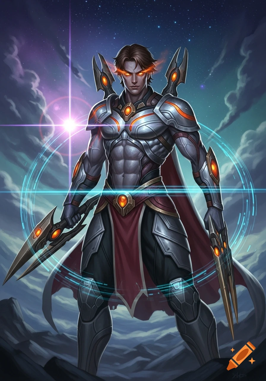 Muscular male warrior in silver and red armor with glowing orange eyes ...