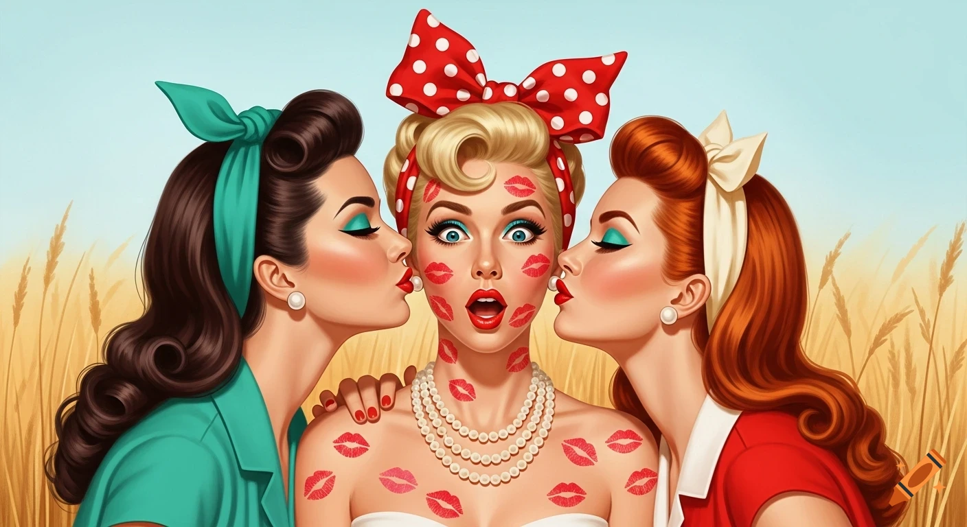 Three 1950s pin-up style women. Two women kiss a blonde woman, whose face and chest are covered in lipstick marks, in a wheat field.
