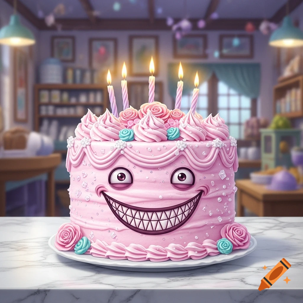 A pink anime birthday cake with a creepy smile, adorned with frosting roses and five lit candles, on a kitchen counter.