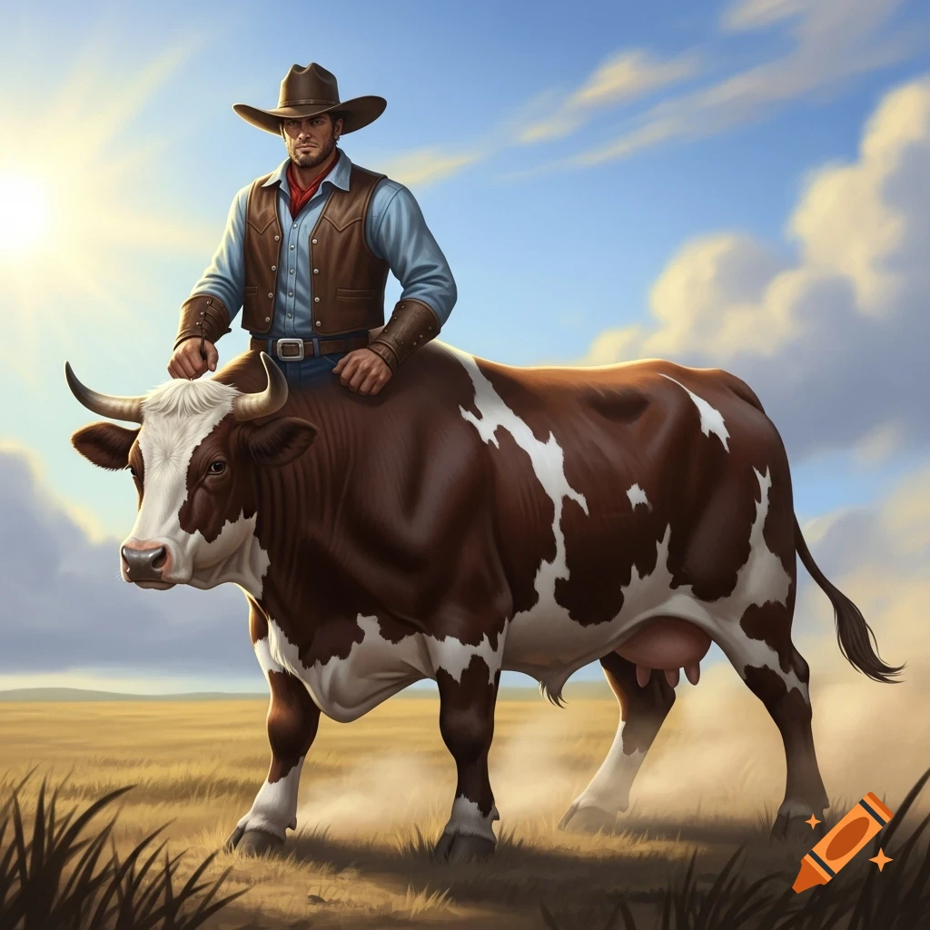 A cowboy in a hat and vest rides a brown and white cow across a sunny ...