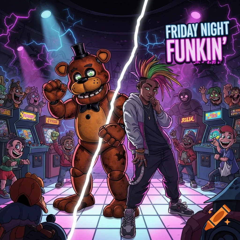 Cartoon illustration of Freddy Fazbear and a character with colorful spiky hair in a vibrant arcade, surrounded by other characters and arcade machines under glowing neon lights.
