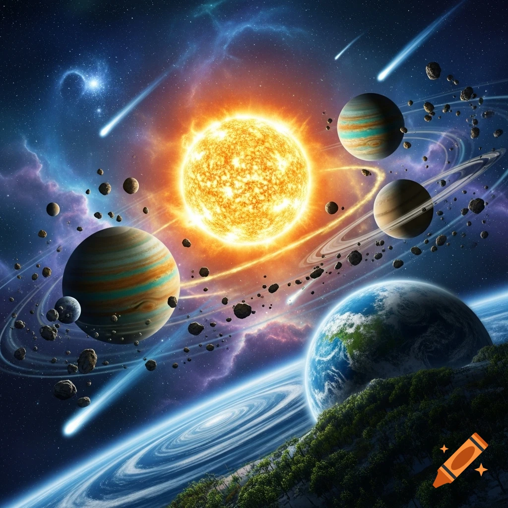 A vibrant, illustrative solar system with a bright sun, orbiting planets and asteroids, and a lush green-forested planet.