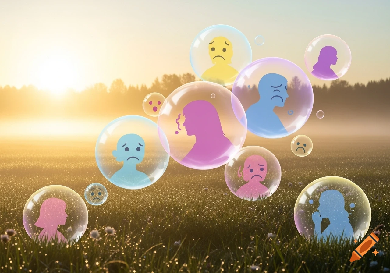 Stylized sad human figures in translucent bubbles float over a dewy field at sunrise, symbolizing mental health concepts.