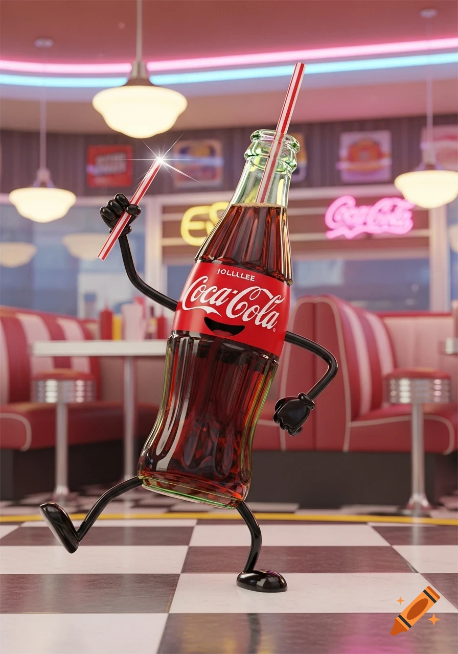 A cartoonish Coca-Cola bottle with arms and legs holds a straw and dances in a retro diner with red booths.