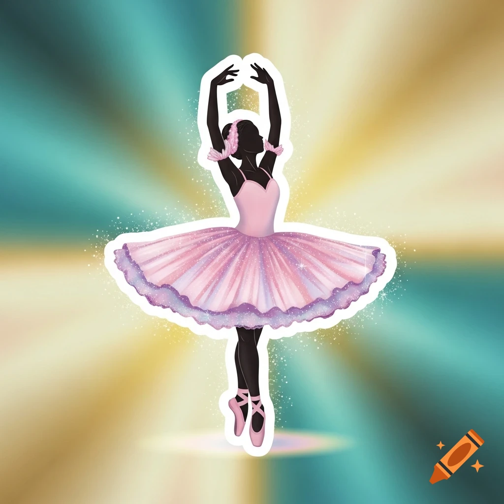 A dark silhouette of a ballerina dancing en pointe, wearing a sparkly pink tutu, against a blurred teal and gold background with glitter accents.