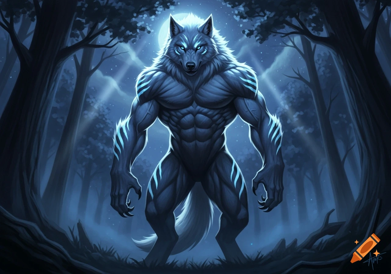A powerful blue-grey werewolf with glowing blue eyes and stripes stands under a full moon in a dark forest.