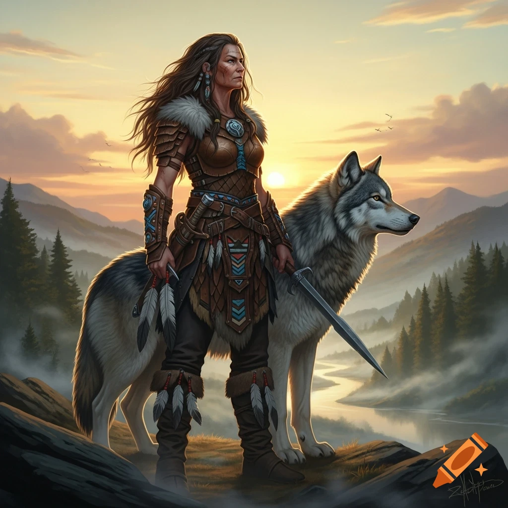 A strong female warrior with long brown hair stands with a wolf against a sunrise backdrop in a misty mountain valley.