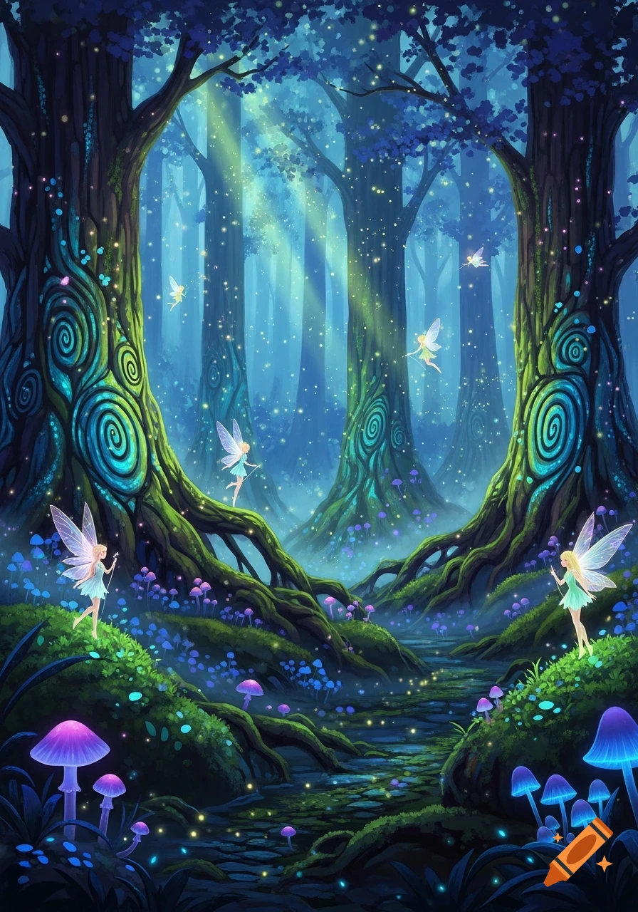 Vibrant illustration of a magical fairy forest with tall trees, glowing mushrooms, sparkling light, and small fairies dancing.