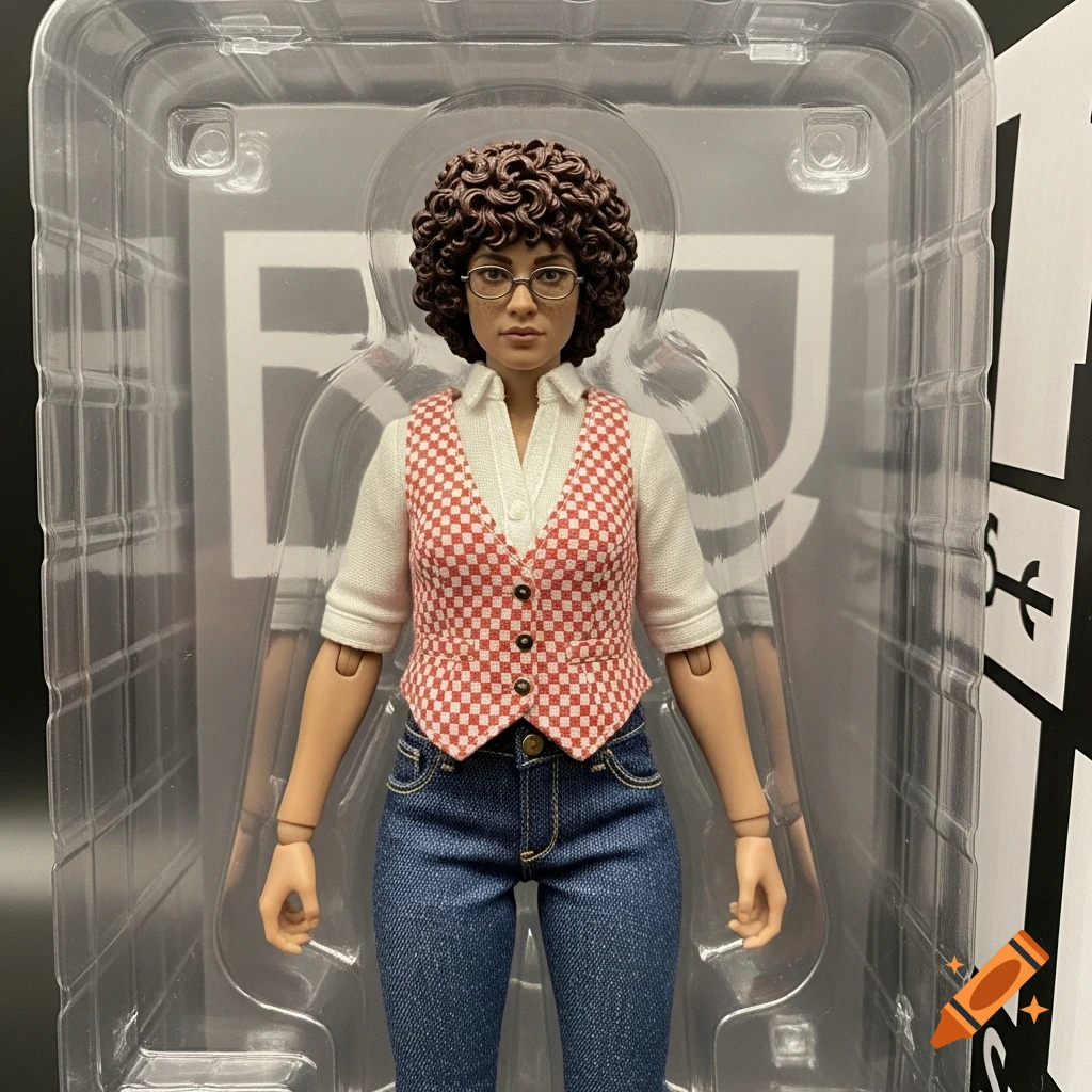 An action figure of a woman in packaging, wearing a red and white checkered vest over a white shirt, blue jeans, and glasses, with short curly brown hair.