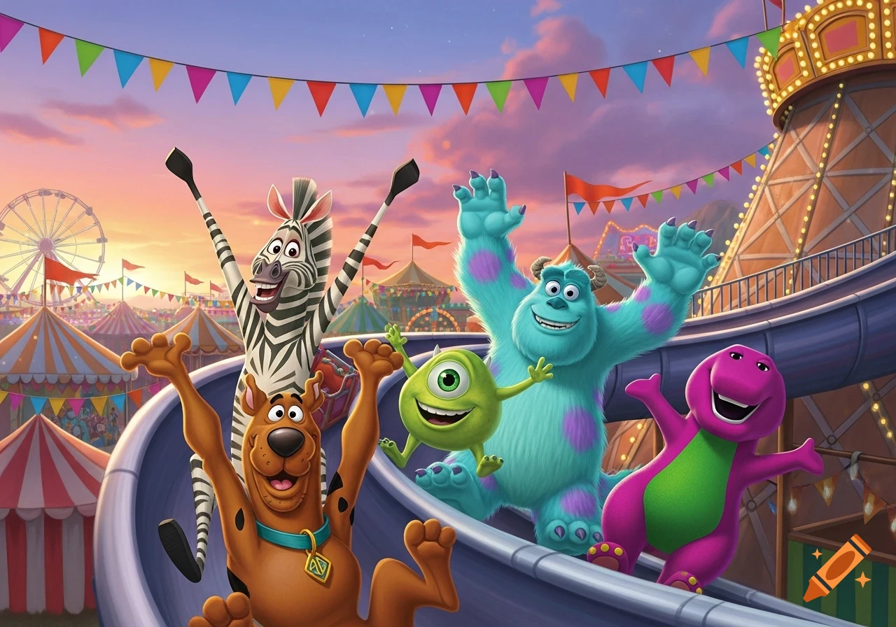 Scooby Doo, Marty the zebra, Sully, Mike Wazowski, and Barney the dinosaur sliding down a funfair helter-skelter slide.