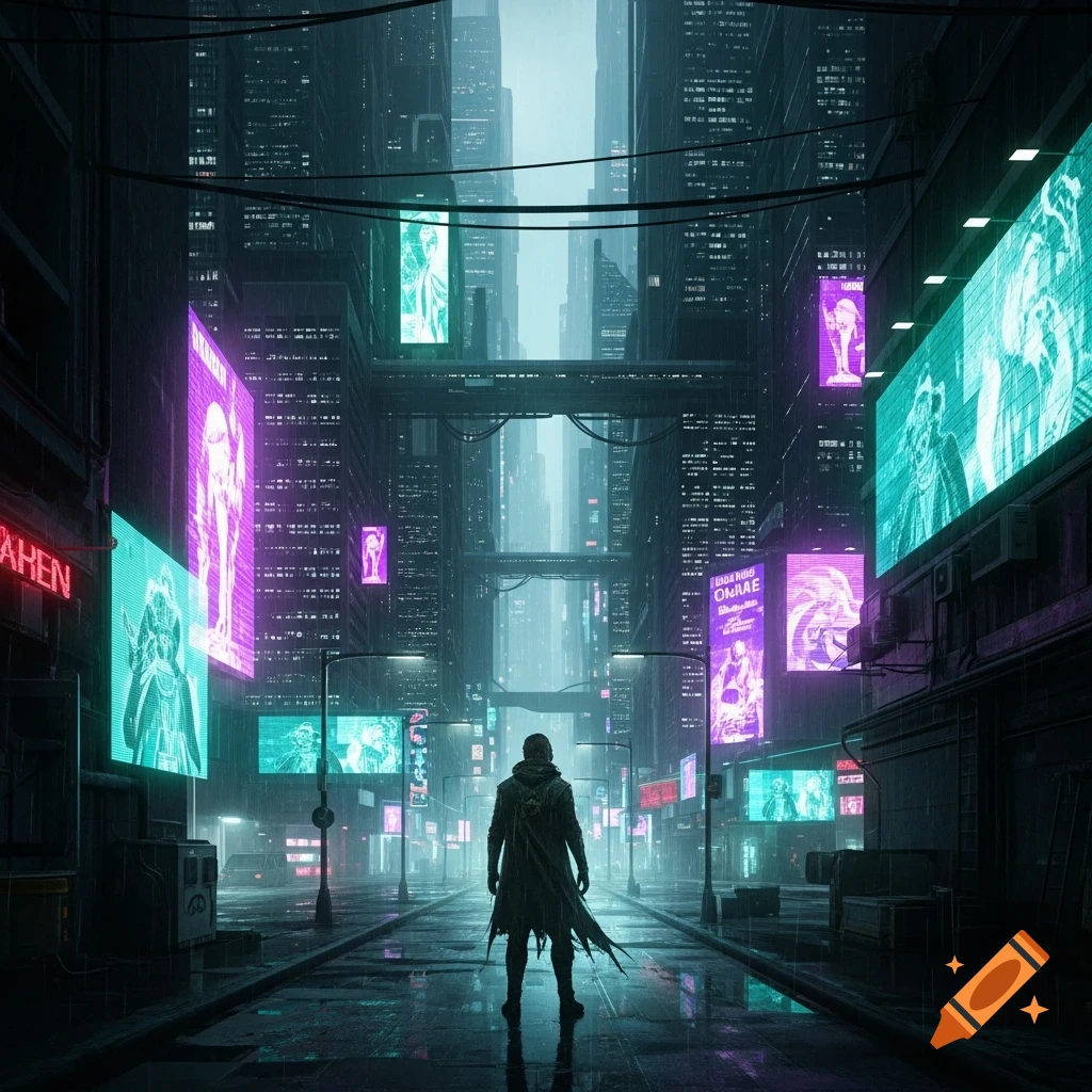 A lone figure in a dark cloak stands on a wet street looking down a ...