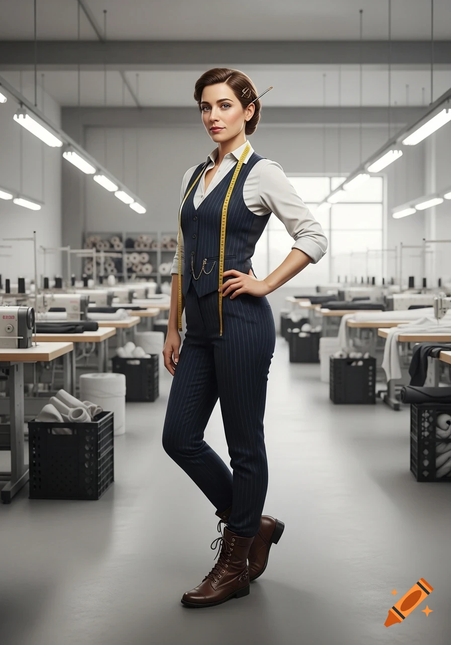 A woman in a pinstripe vest and trousers with a measuring tape, standing in a modern clothing factory, photorealistic.
