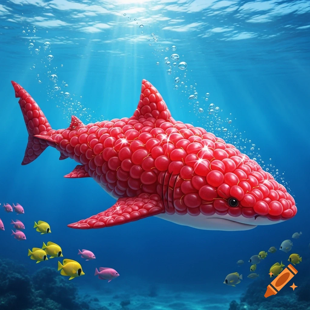 A vibrant red shark, its body covered in raspberries, swims gracefully underwater as sunlight filters from above, surrounded by small colorful fish.