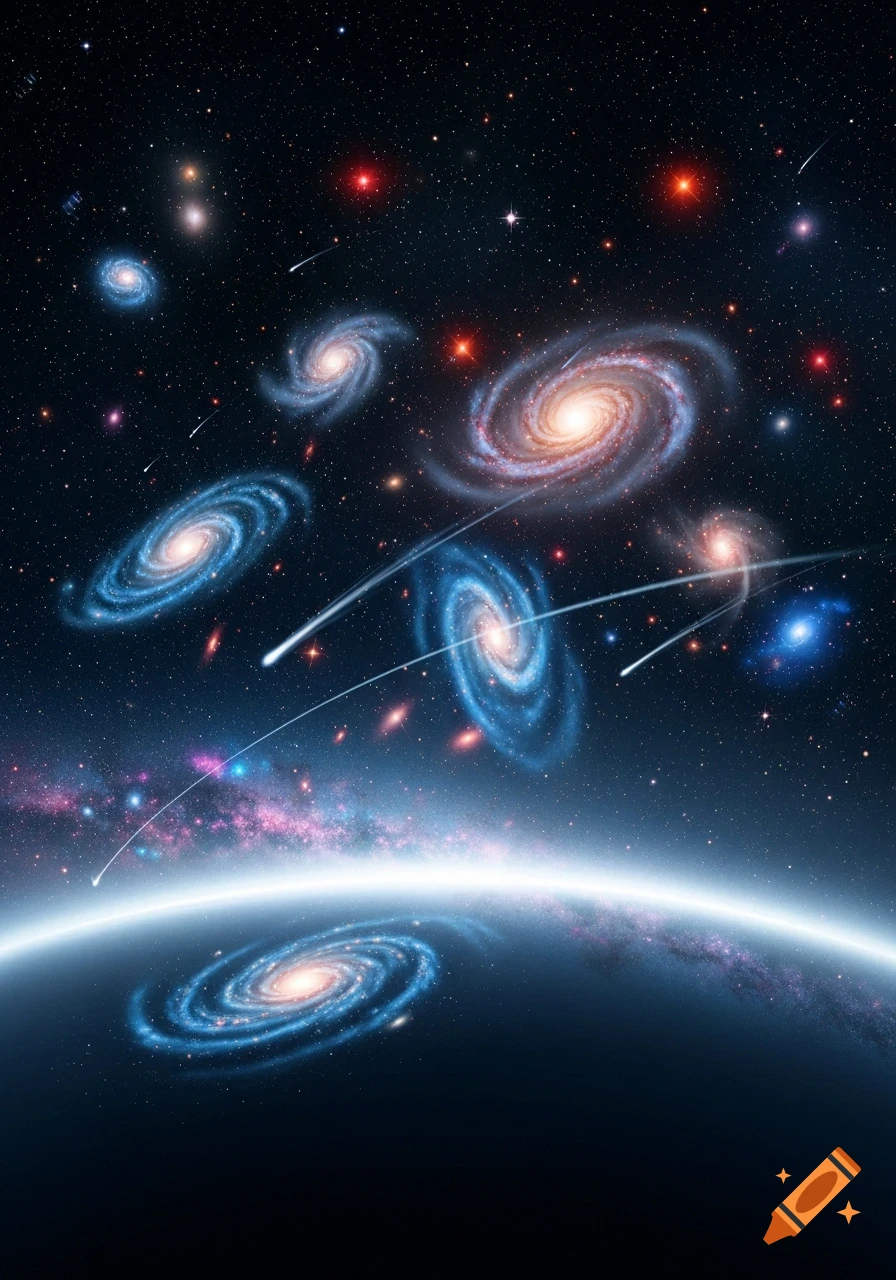 A vibrant space scene showing multiple spiral galaxies, stars, and meteors above a glowing planet horizon.