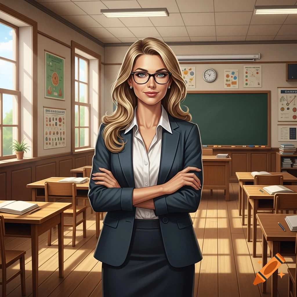 A blonde female teacher with glasses stands in a classroom, arms crossed. She wears a dark suit jacket and white shirt.