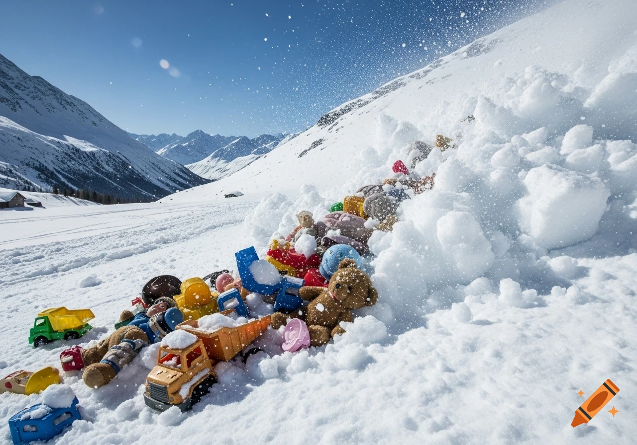 Photorealistic image of colorful toys, including trucks and a teddy bear, partially buried in snow on a sunny mountain slope.