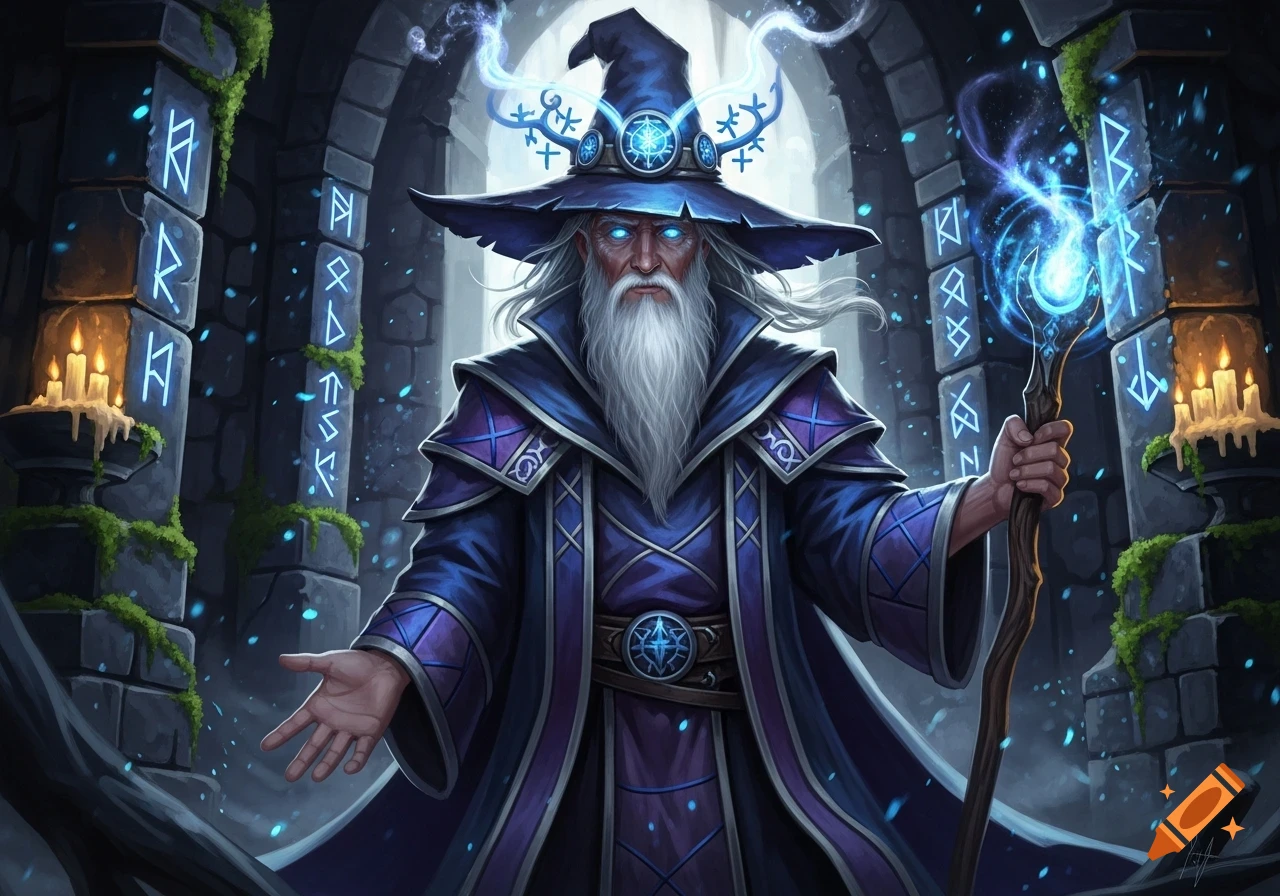 An old wizard with a long white beard and glowing blue eyes in a dark blue and purple robe, holding a glowing staff, stands in an ancient stone chamber with glowing runes.