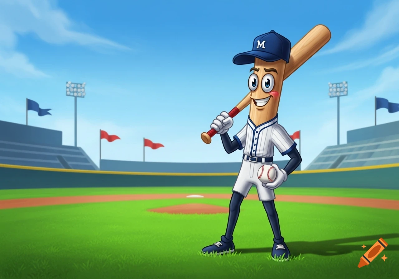 A cartoon baseball bat character wearing a uniform and cap, holding a baseball and bat in a stadium.